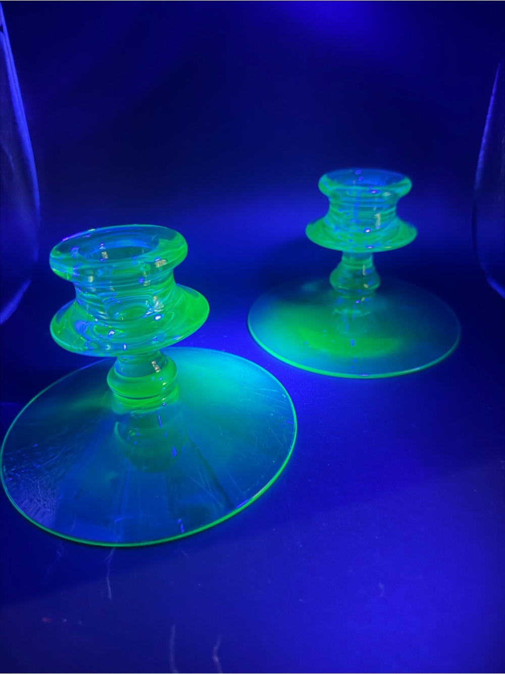 Green Uranium Glass Candle Holders - Set of 2